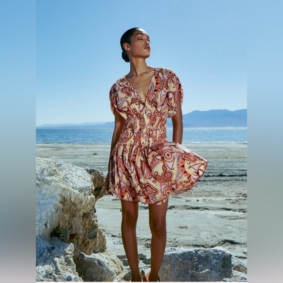 NEW A.L.C Luna Smocked Dress Nude Peach Multi 12 - Picture 9 of 16